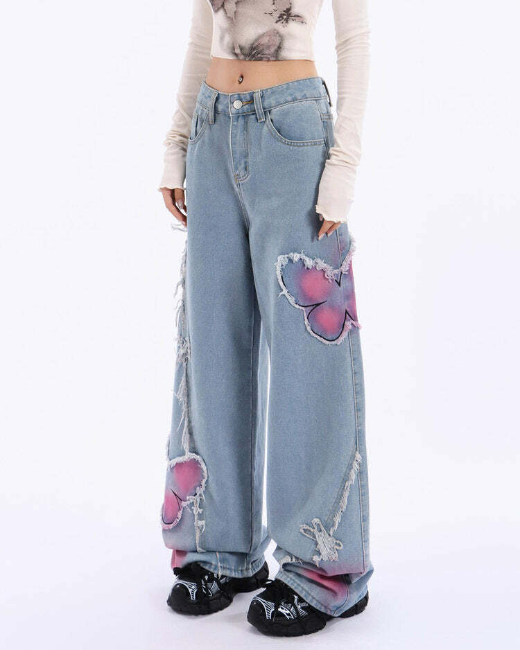 Pink Butterfly Wide Leg Jeans - Y2K Fashion Must-Have for 2000s Style