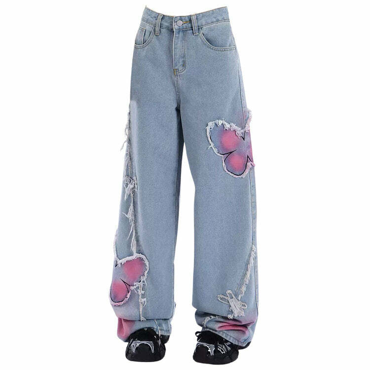 Pink Butterfly Wide Leg Jeans - Y2K Fashion Must-Have for 2000s Style