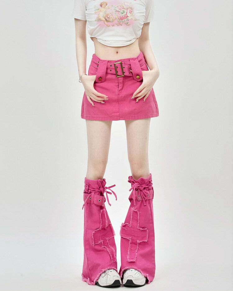 Pink Y2K Mini Skirt & Leg Warmers Set - Trendy 2000s Fashion Outfit