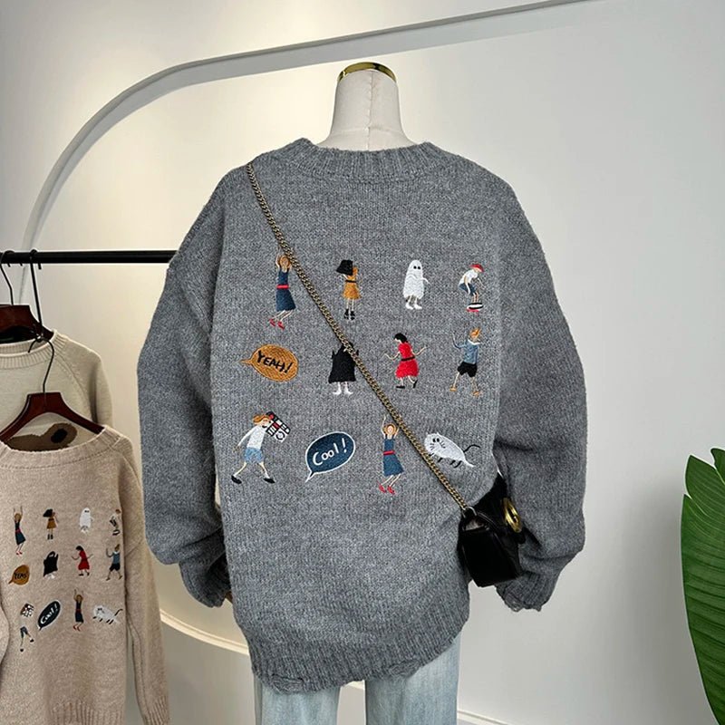 Playful Embroidery Oversized Sweater - Y2K Fashion Essential for 2000s Style