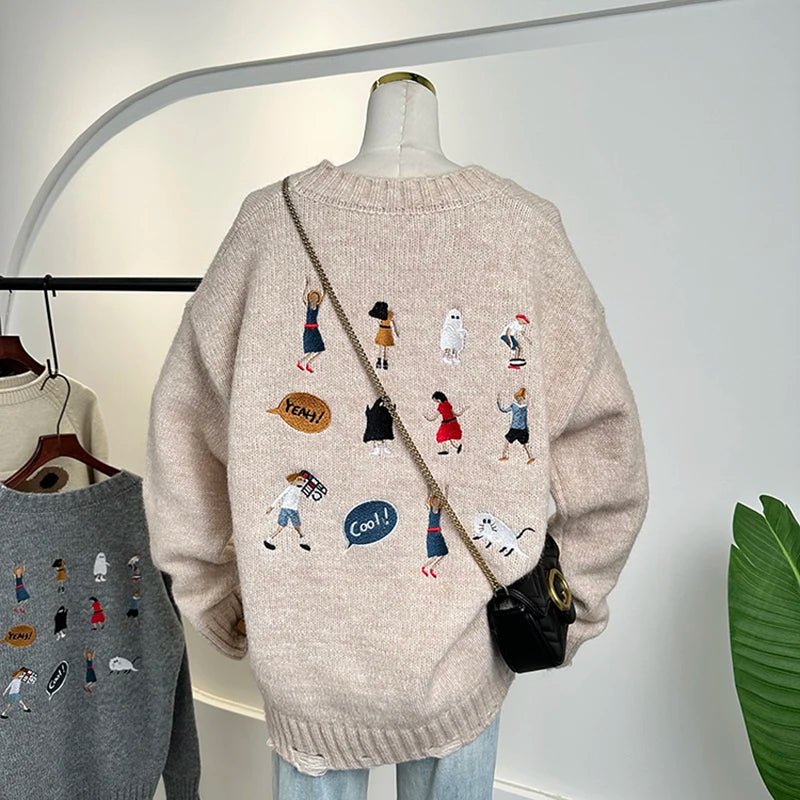 Playful Embroidery Oversized Sweater - Y2K Fashion Essential for 2000s Style