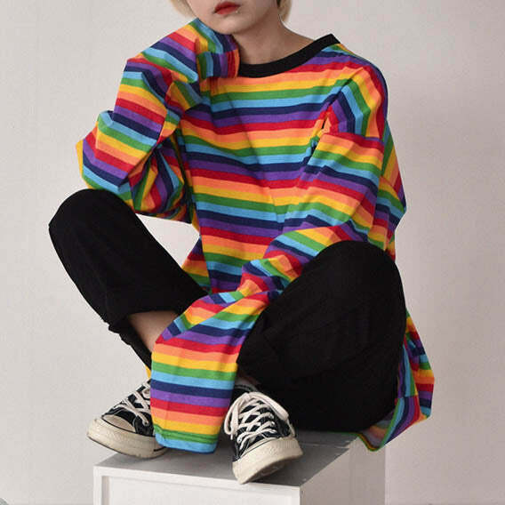 Rainbow Extra Long Sleeve Tee - Y2K Fashion Essential for 2000s Style