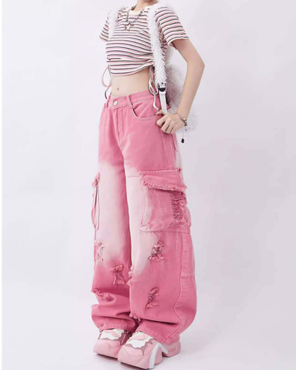 Rebel Pink Cargo Jeans - Y2K Fashion Essential for Trendy Outfits