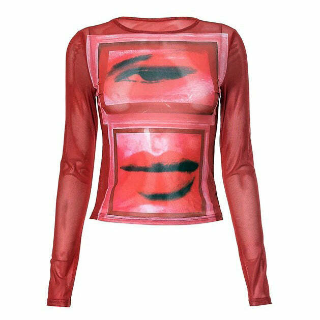 Red Eye & Lips Print Mesh Top - Y2K Fashion Aesthetic Clothing