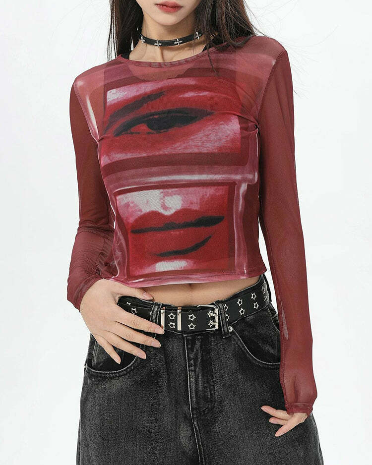 Red Eye & Lips Print Mesh Top - Y2K Fashion Aesthetic Clothing