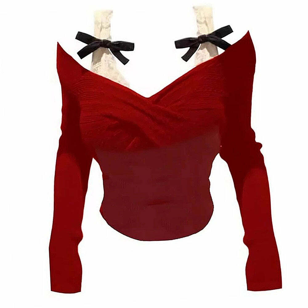 Red Off-Shoulder Bow Top - Trendy Y2K Fashion for Stylish Outfits