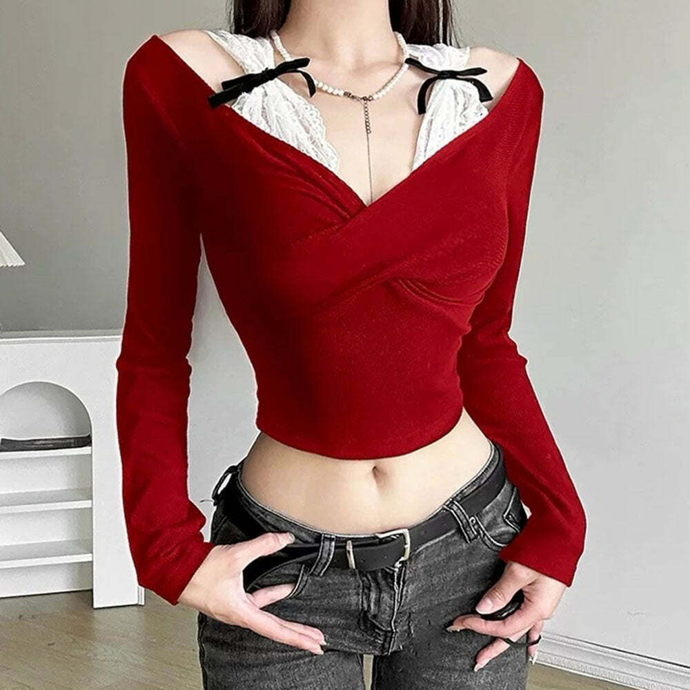 Red Off-Shoulder Bow Top - Trendy Y2K Fashion for Stylish Outfits