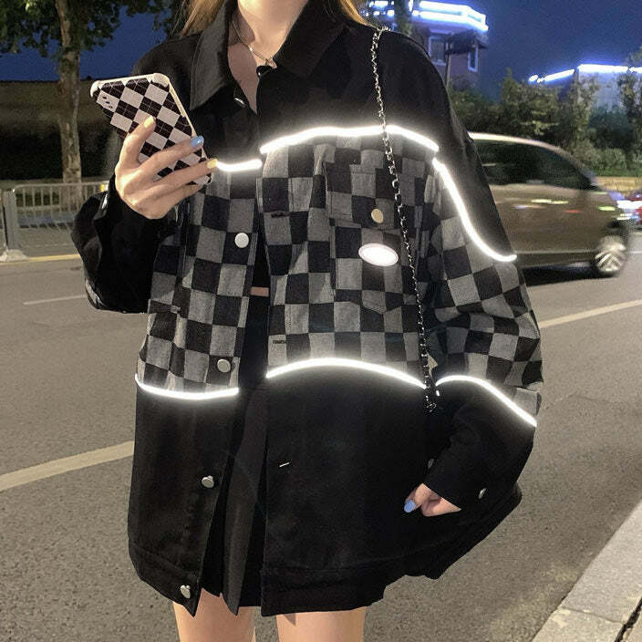 Reflective Checker Jacket - Trendy Y2K Fashion for Bold Outfits