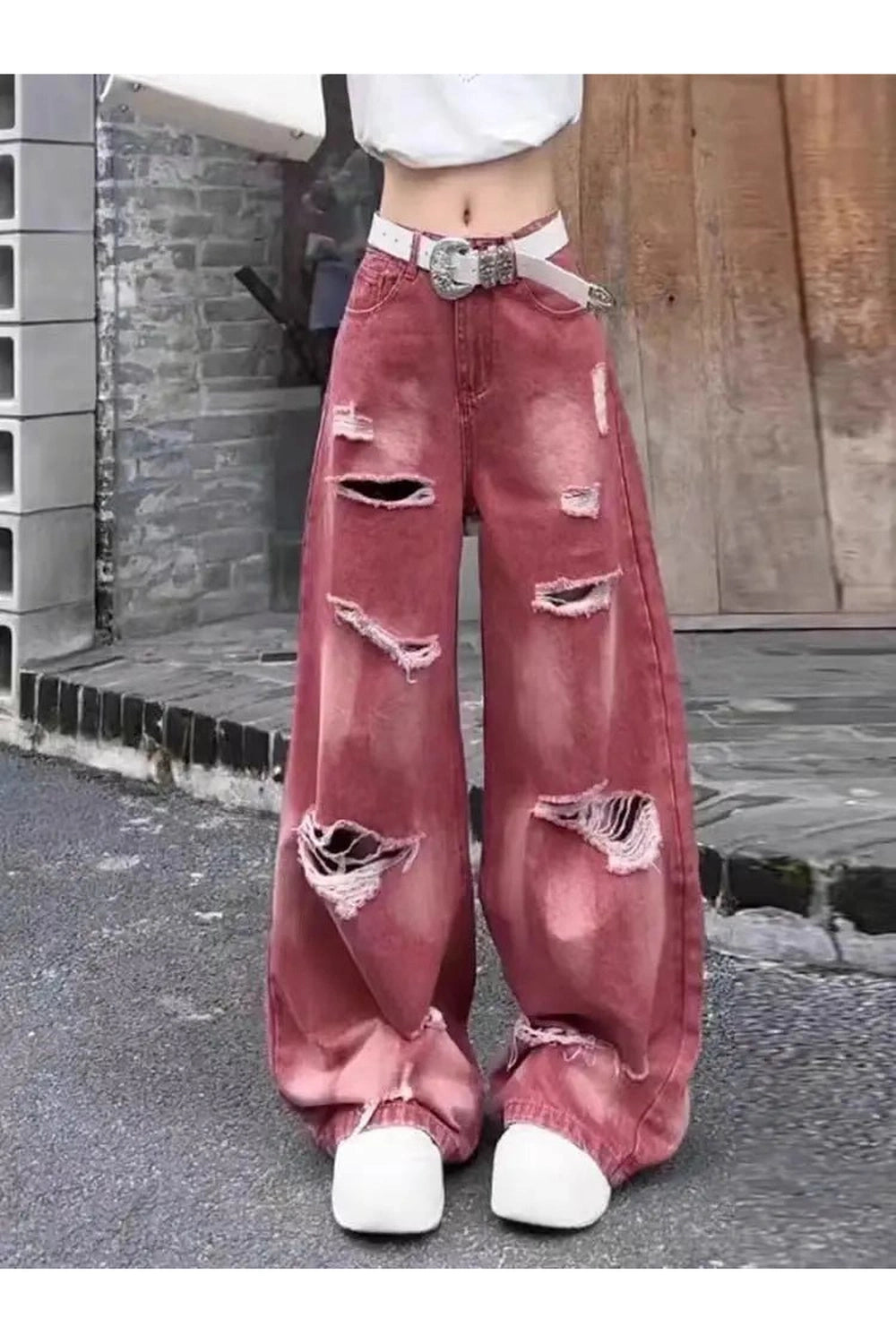 Retro Rose Distressed Baggy Jeans - Y2K Fashion Essential for 2000s Style