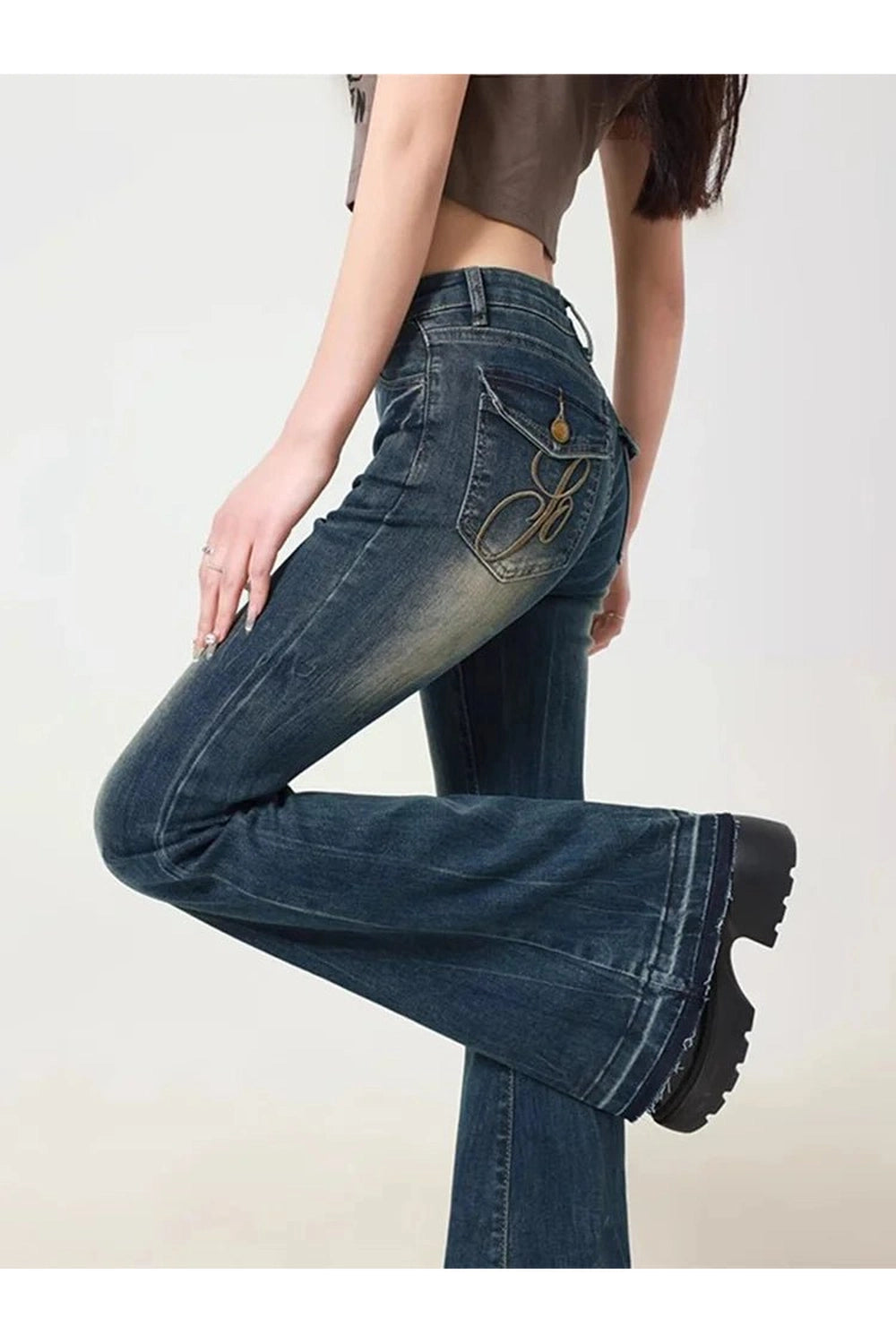 Retro Y2K Embroidered Flare Jeans - Trendy 2000s Style for Women