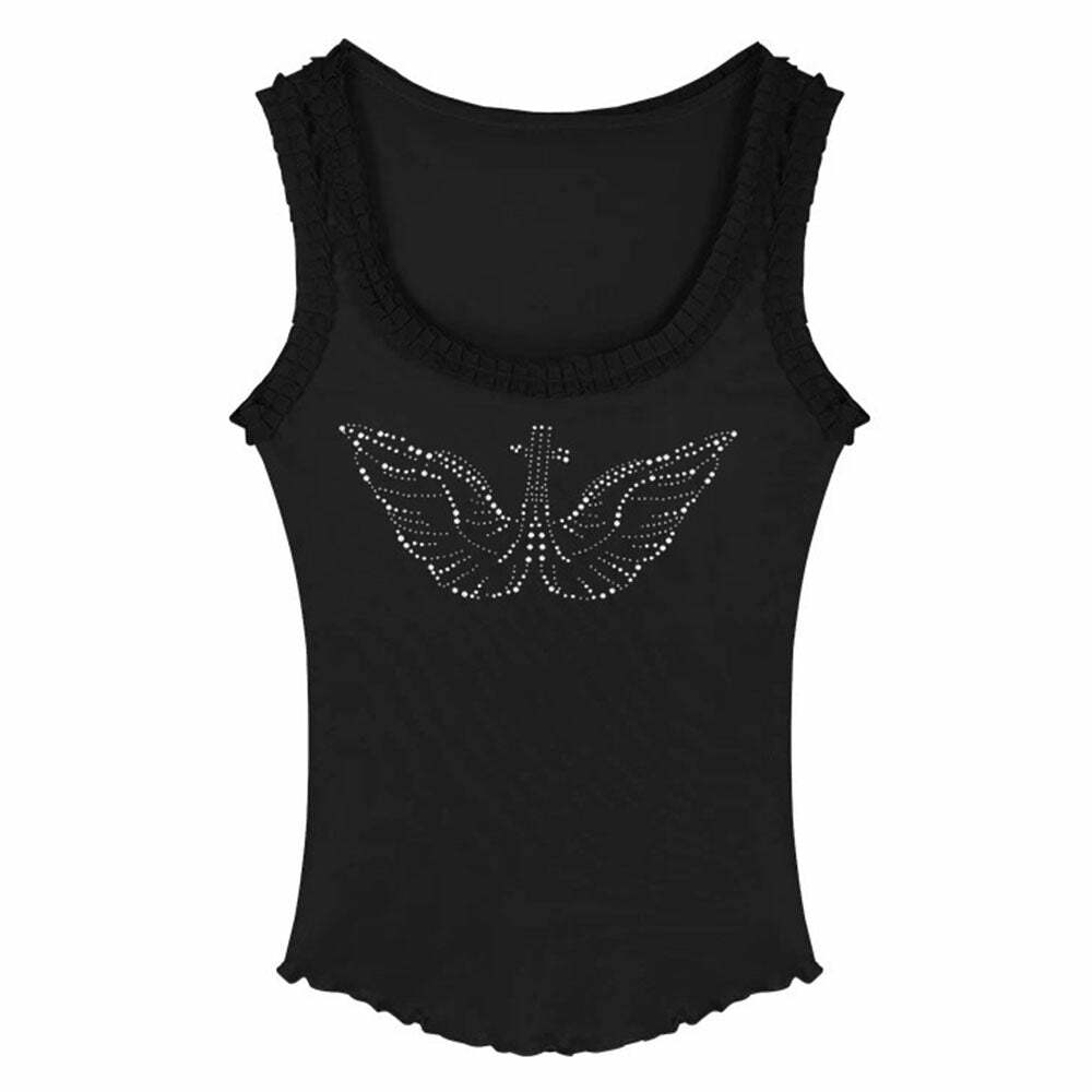 Rhinestone Angel Wings Tank Top - Y2K Fashion Aesthetic Clothing