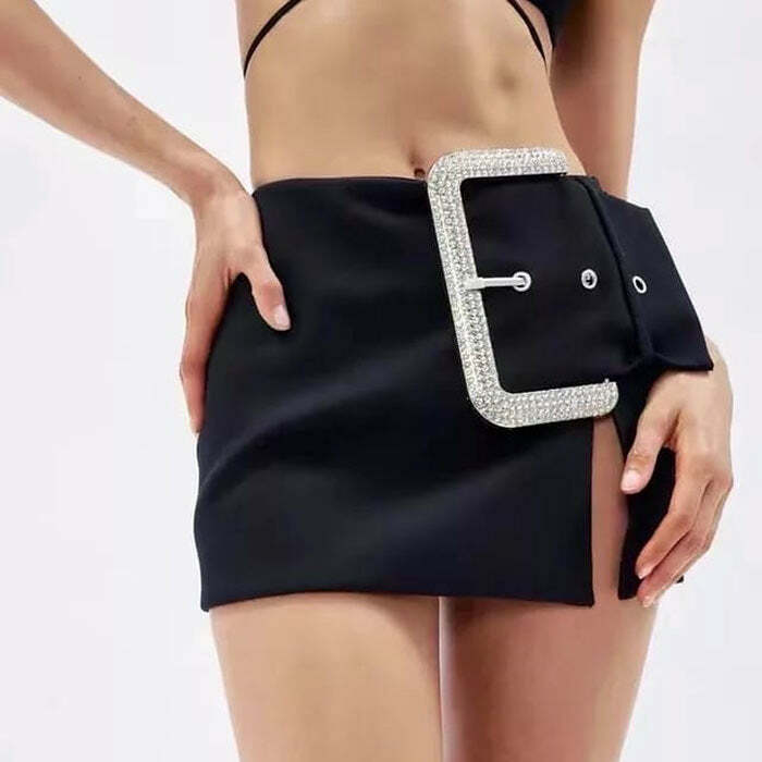 Rhinestone Buckle Mini Skirt - Y2K Fashion Essential for 2000s Style