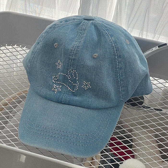 Rhinestone Bunny Y2K Denim Cap - Trendy 2000s Style Accessory