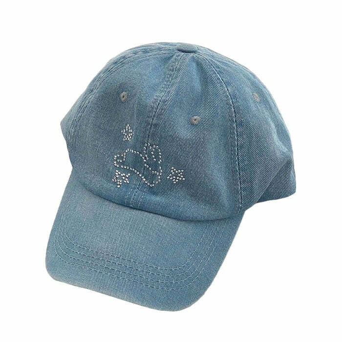 Rhinestone Bunny Y2K Denim Cap - Trendy 2000s Style Accessory