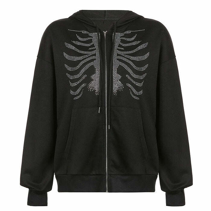 Rhinestone Skeleton Hoodie - Y2K Fashion Statement for Trendy Outfits