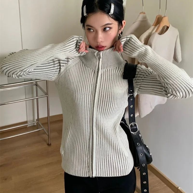 Ribbed High-Neck Zip Sweater - Trendy Y2K Fashion Essential