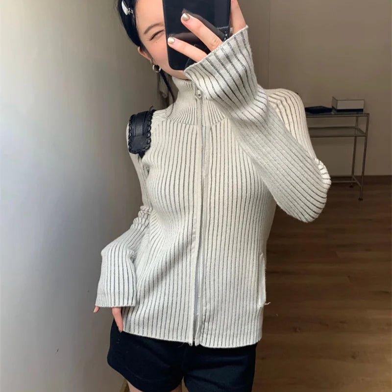 Ribbed High-Neck Zip Sweater - Trendy Y2K Fashion Essential