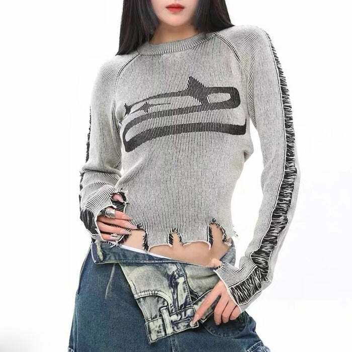 Ripped Long Sleeve Star Top - Trendy Y2K Fashion for Stylish Outfits