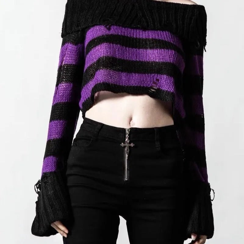 Ripped Striped Off-Shoulder Sweater - Y2K Fashion Essential