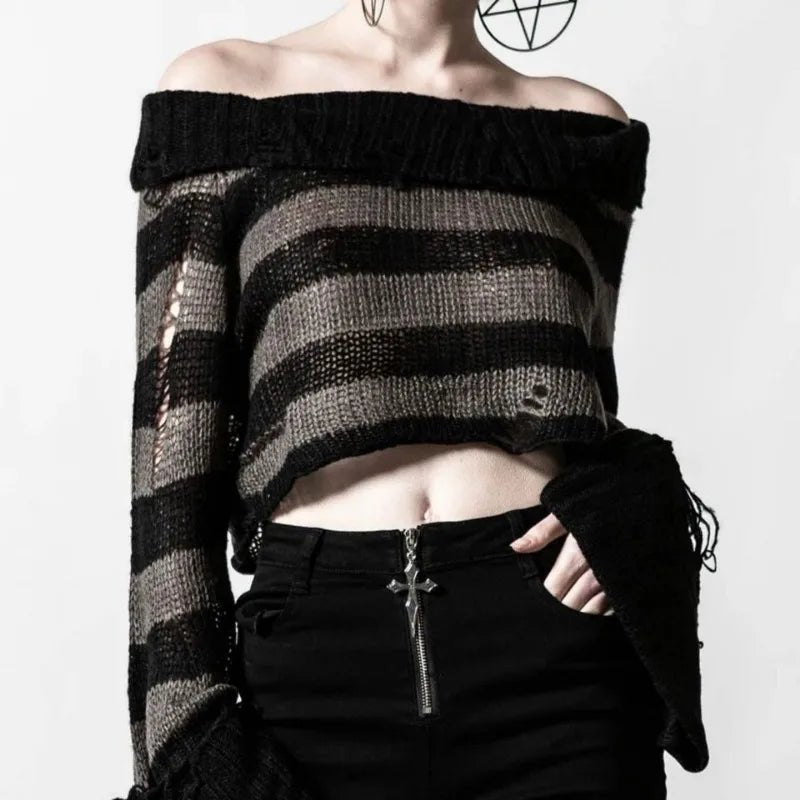 Ripped Striped Off-Shoulder Sweater - Y2K Fashion Essential