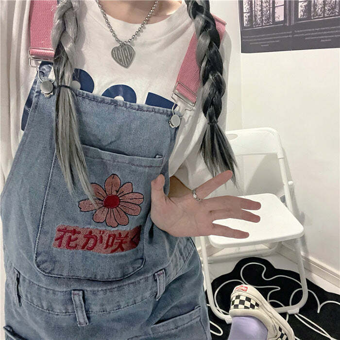 Sakura Embroidery Y2K Dungaree Shorts - Trendy 2000s Style Outfit