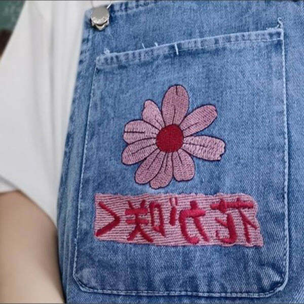 Sakura Embroidery Y2K Dungaree Shorts - Trendy 2000s Style Outfit