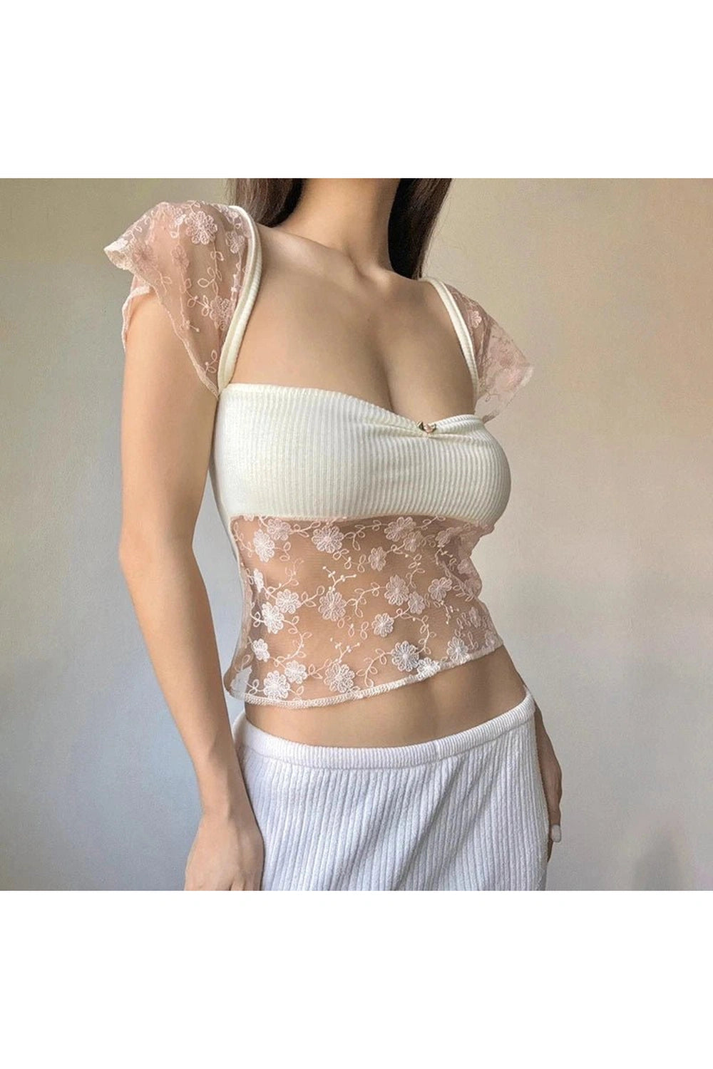 Sheer Blossom Lace Crop Top - Y2K Fashion Essential for Stylish Outfits