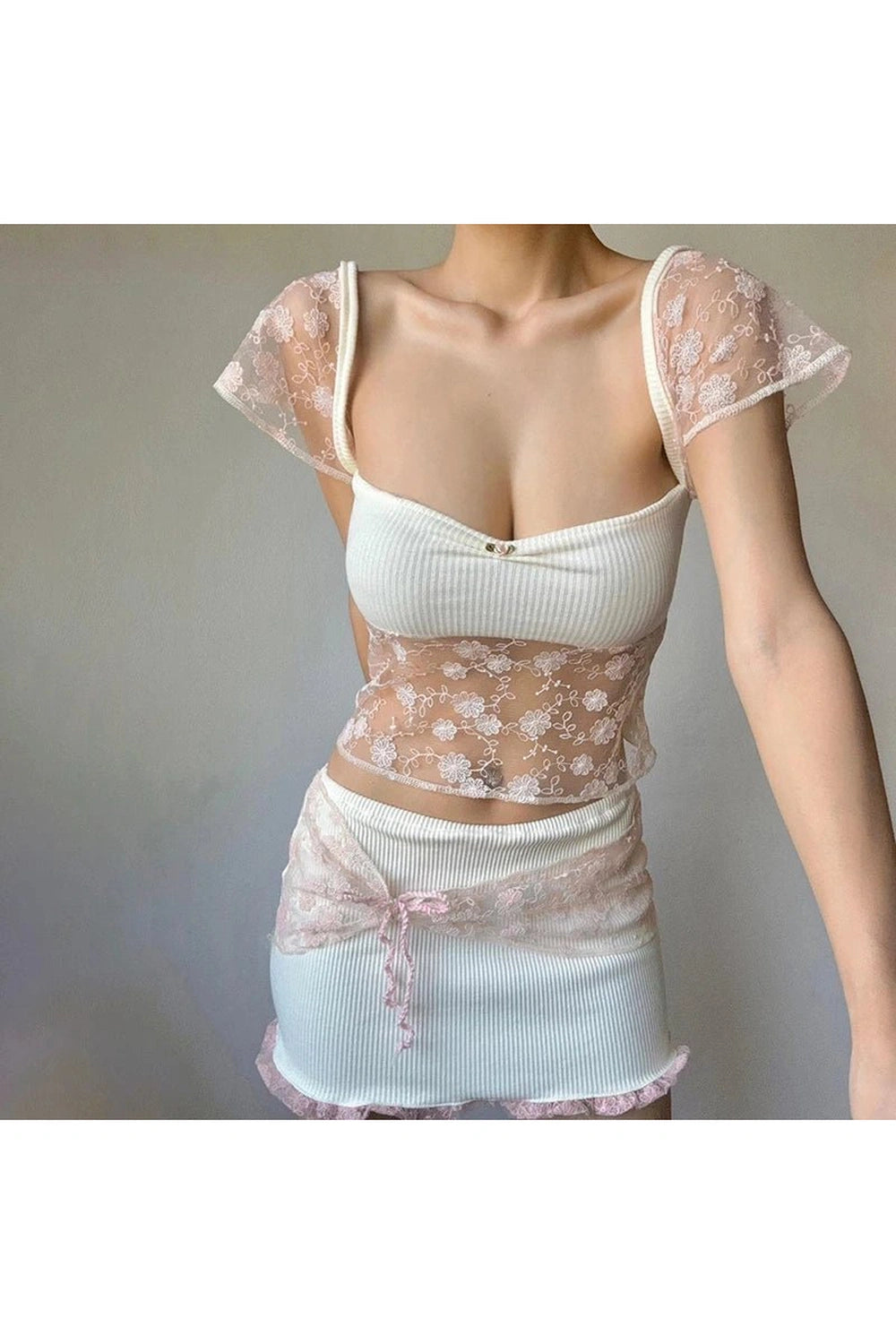 Sheer Blossom Lace Crop Top - Y2K Fashion Essential for Stylish Outfits