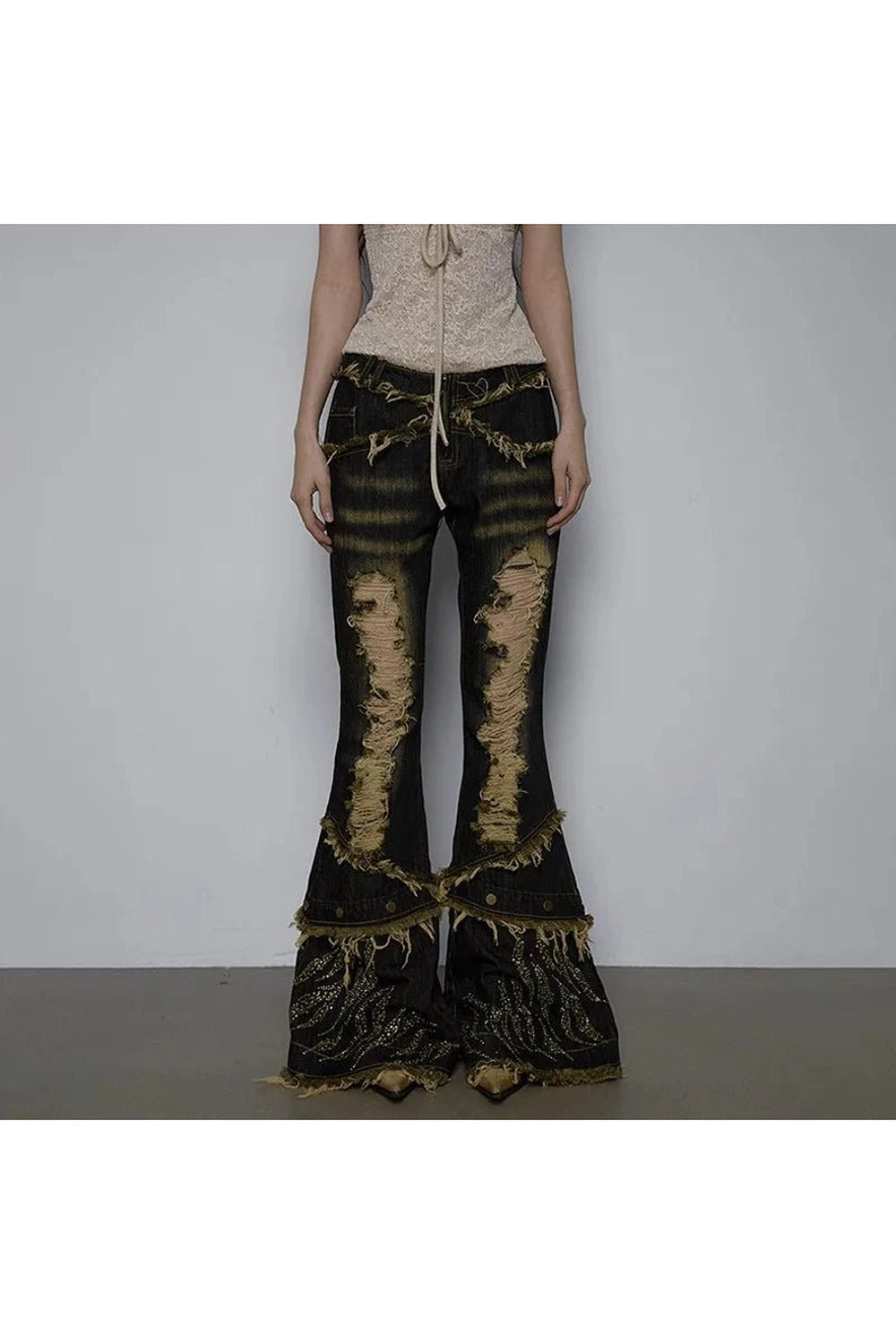 Shredded Flames Distressed Flare Pants - Y2K Fashion Statement Piece