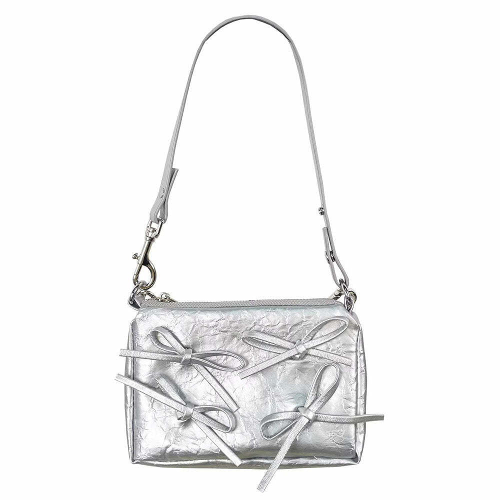 Silver Bows Shoulder Bag - Y2K Fashion Essential for 2000s Style Lovers