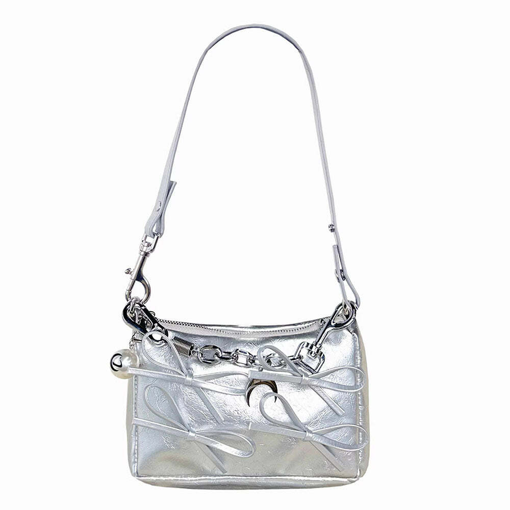 Silver Bows Shoulder Bag - Y2K Fashion Essential for 2000s Style Lovers