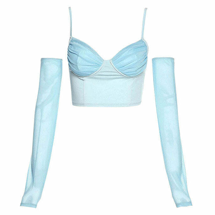 Sky Blue Y2K Fashion Top & Gloves Set - Trendy 2000s Style Outfit