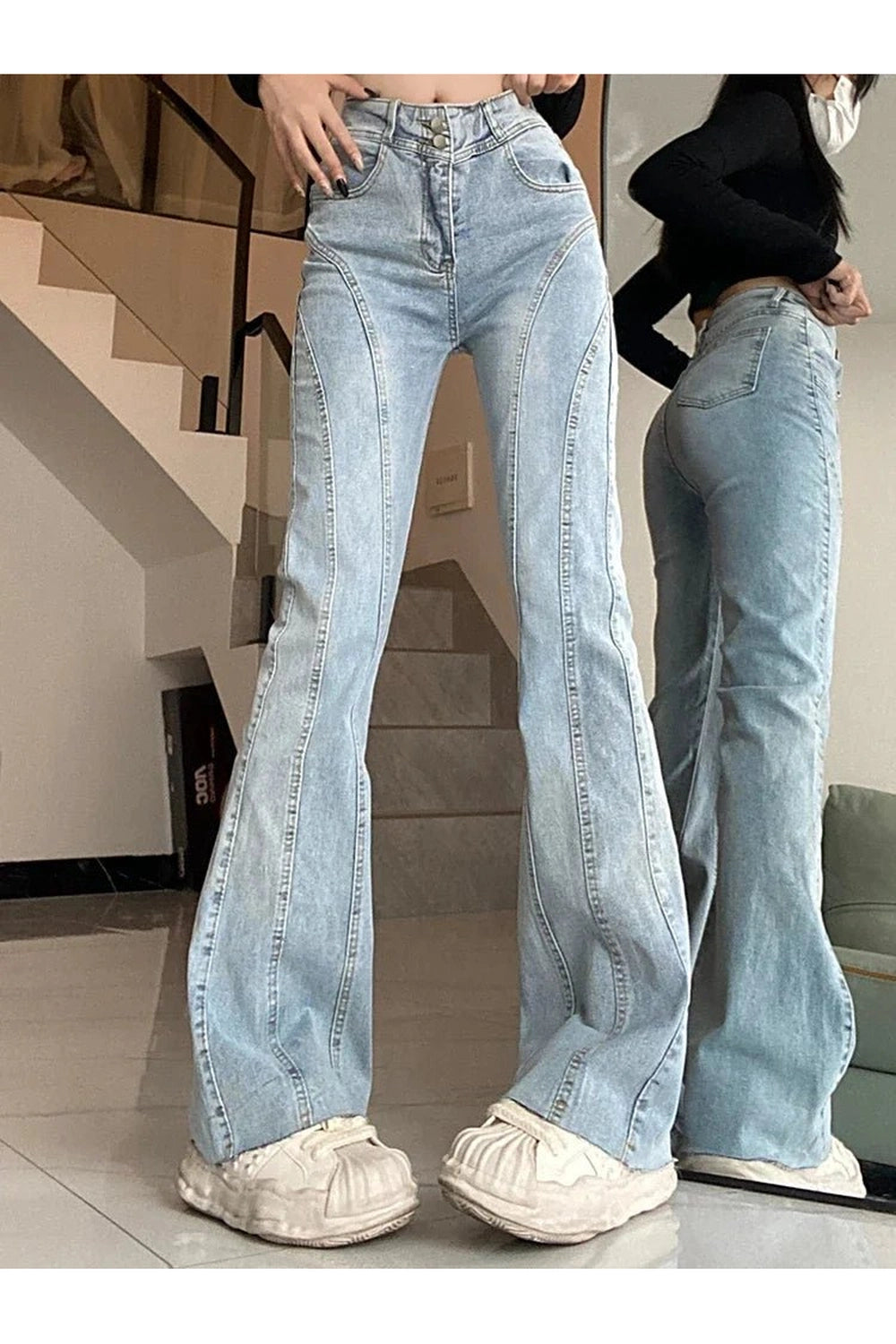 Skywave Stitch Flare Jeans - Y2K Fashion Essential for 2000s Style