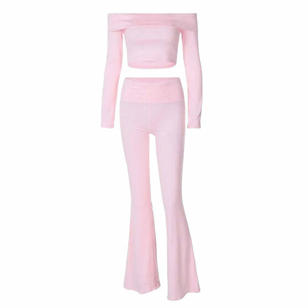 Soft Girl Bardot Top & Flare Pants Co-Ord - Y2K Fashion Aesthetic