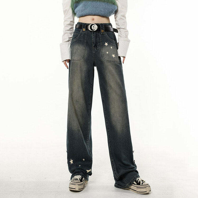 Star Child Y2K Wide Leg Jeans - Trendy 2000s Fashion Statement