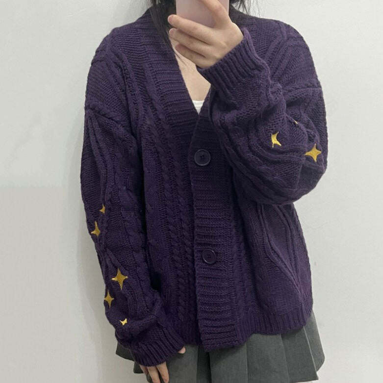 Star Embroidery Purple Cardigan - Y2K Fashion Essential for 2000s Style