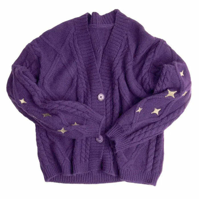 Star Embroidery Purple Cardigan - Y2K Fashion Essential for 2000s Style