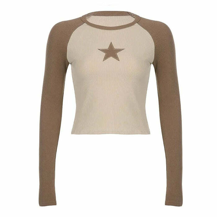 Star Girl Brown Long Sleeve Top - Y2K Fashion Essential for 2000s Style