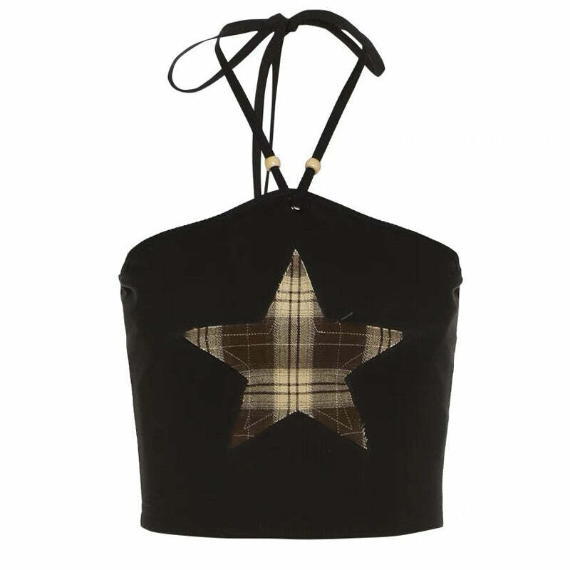 Star Patch Halter Crop Top - Trendy Y2K Fashion for Iconic 2000s Style