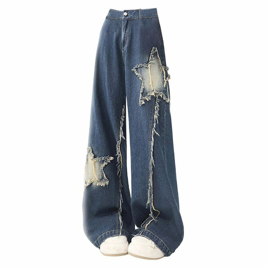 Star Patch Wide Leg Jeans - Y2K Fashion Essential for Trendy Outfits