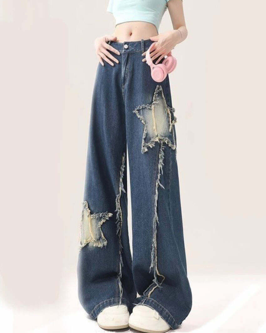 Star Patch Wide Leg Jeans - Y2K Fashion Essential for Trendy Outfits