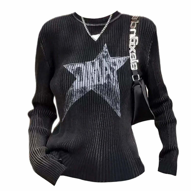 Star Print Ribbed Long Sleeve Top - Y2K Fashion Essential