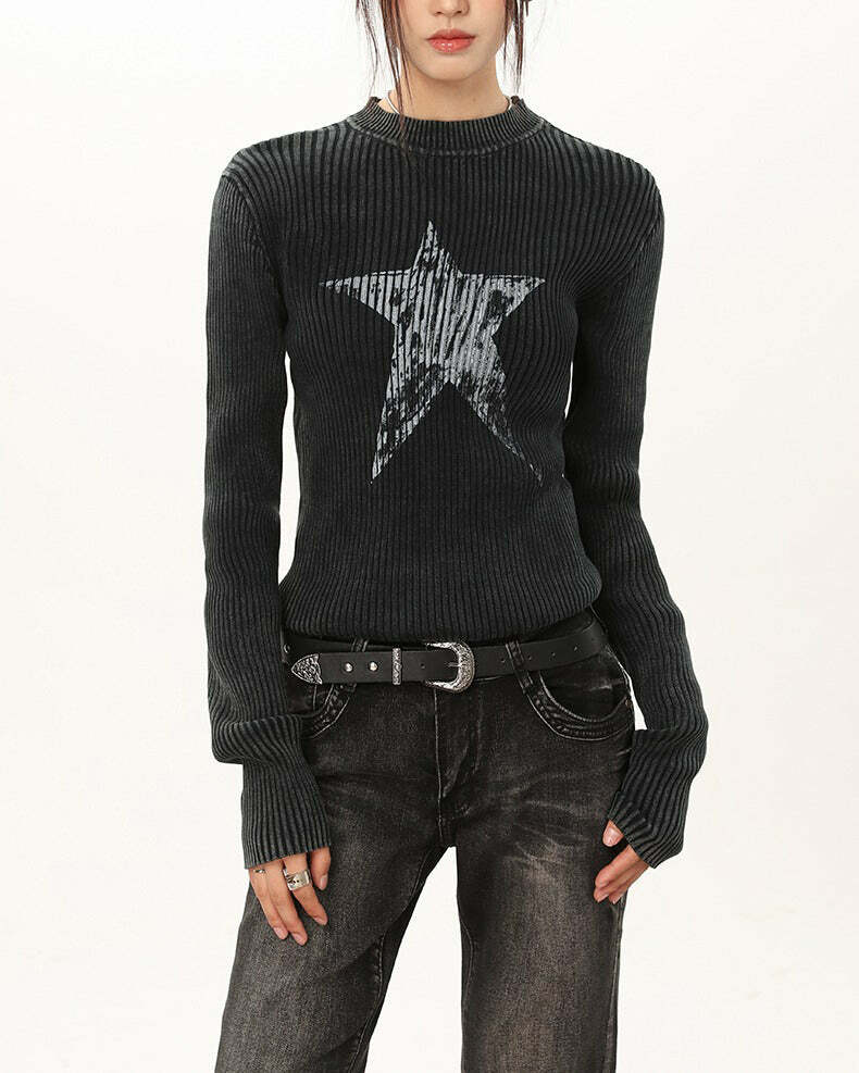 Star Print Ribbed Long Sleeve Top - Y2K Fashion Essential