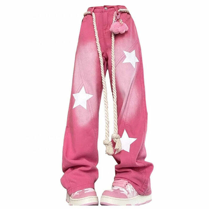 Star Print Y2K Pink Jeans - Trendy 2000s Style for a Bold Look