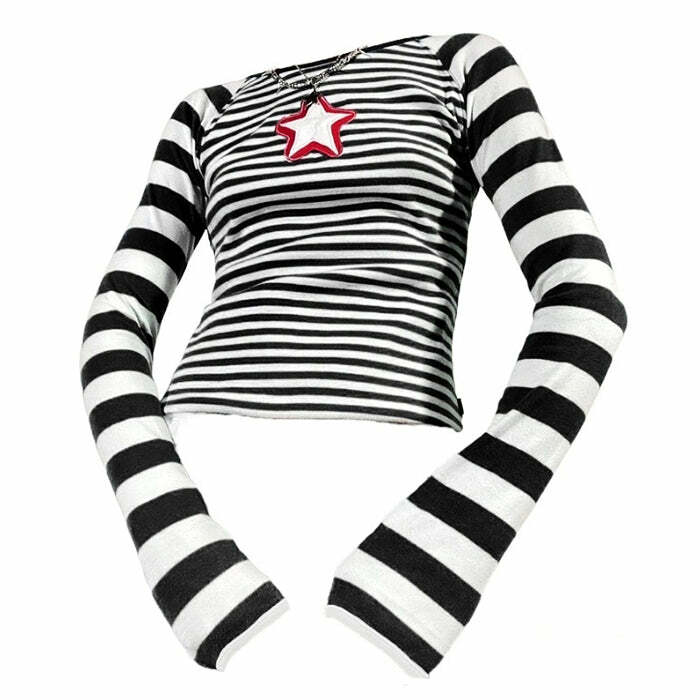 Star Striped Long Sleeve Top - Y2K Fashion Essential for 2000s Style