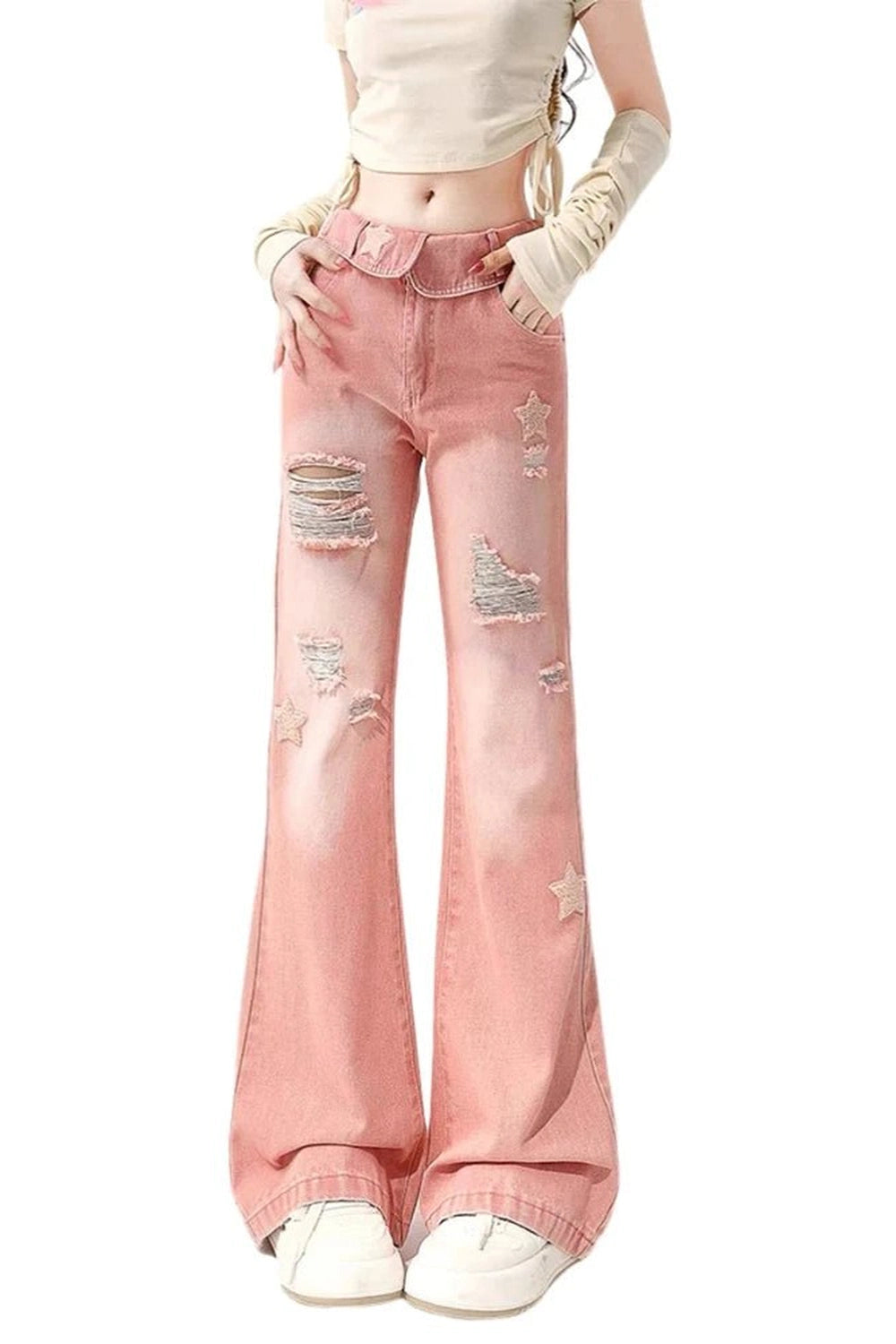 Starry Pink Distressed Jeans - Y2K Fashion Essential for 2000s Style