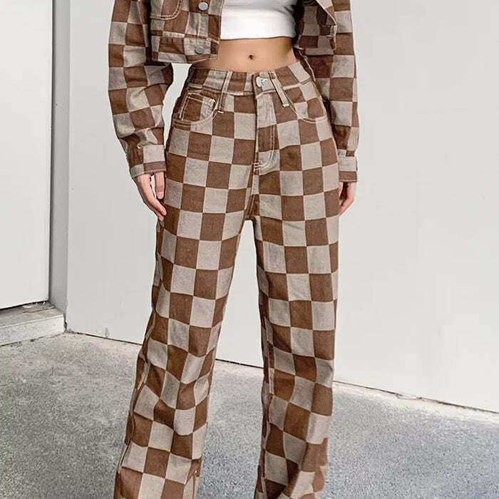 Trendy Brown Checkered Jeans - Y2K Fashion Essential for Stylish Outfits