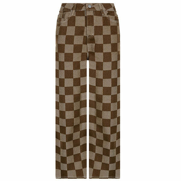 Trendy Brown Checkered Jeans - Y2K Fashion Essential for Stylish Outfits