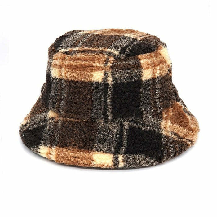 Trendy Brown Plaid Fuzzy Bucket Hat - Y2K Fashion Essential