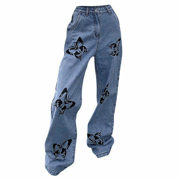 Trendy Butterfly Print Jeans - Y2K Fashion Must-Have for 2000s Style